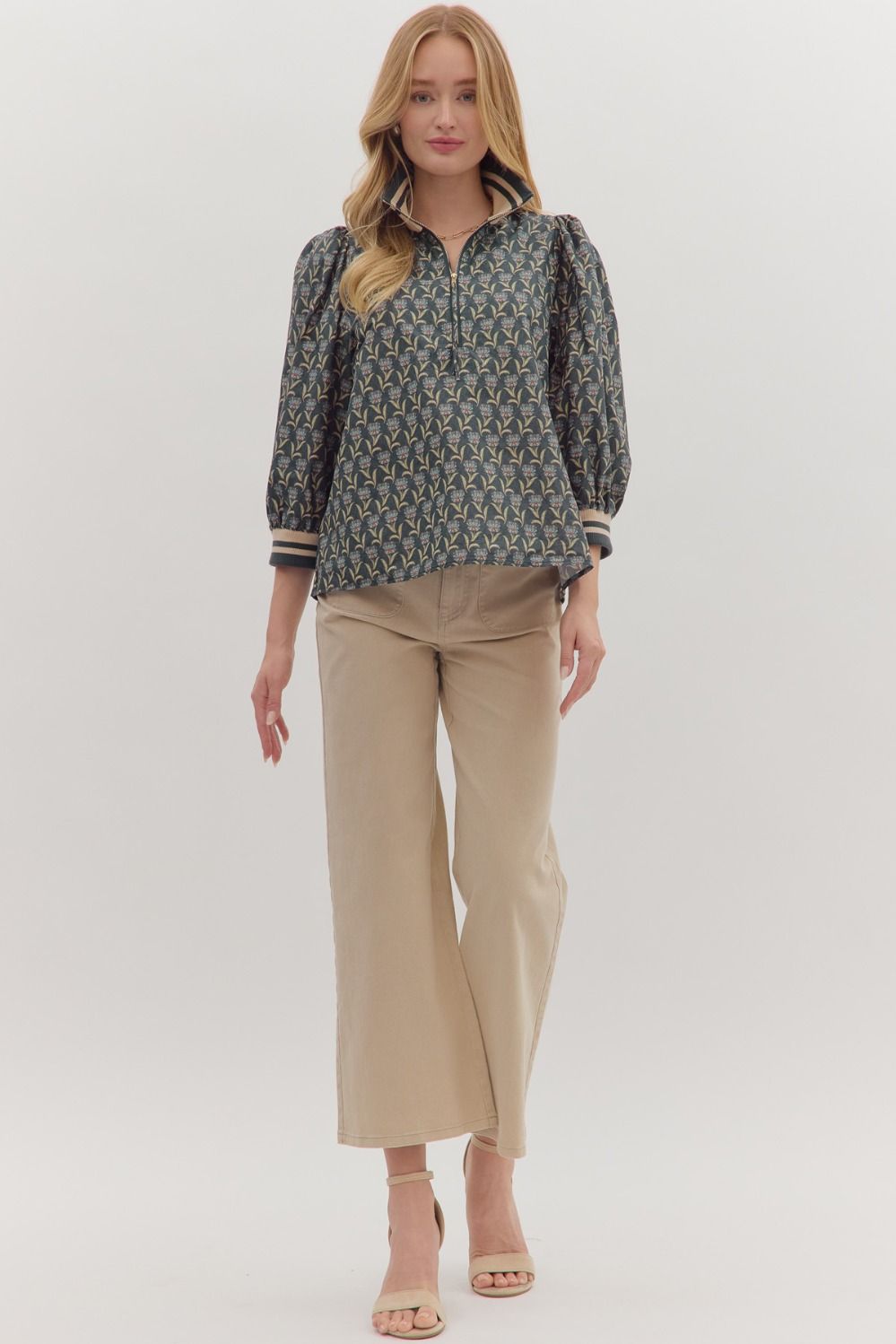 Entro Midnight Floral Puff Sleeve Zip Top-Tops-Entro-Deja Nu Boutique, Women's Fashion Boutique in Lampasas, Texas