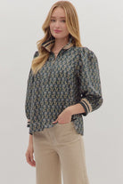 Entro Midnight Floral Puff Sleeve Zip Top-Tops-Entro-Deja Nu Boutique, Women's Fashion Boutique in Lampasas, Texas