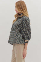 Entro Midnight Floral Puff Sleeve Zip Top-Tops-Entro-Deja Nu Boutique, Women's Fashion Boutique in Lampasas, Texas