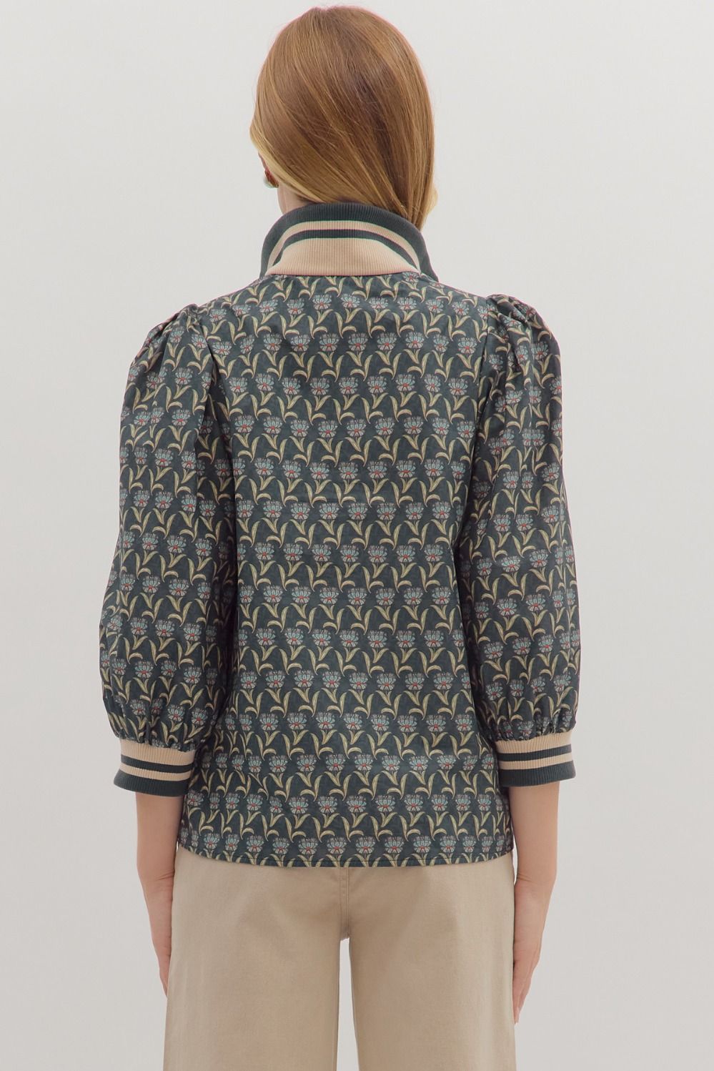 Entro Midnight Floral Puff Sleeve Zip Top-Tops-Entro-Deja Nu Boutique, Women's Fashion Boutique in Lampasas, Texas