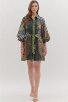 Entro Multi Botanical Print Long Sleeve Mini Dress-Dresses-entro-Deja Nu Boutique, Women's Fashion Boutique in Lampasas, Texas