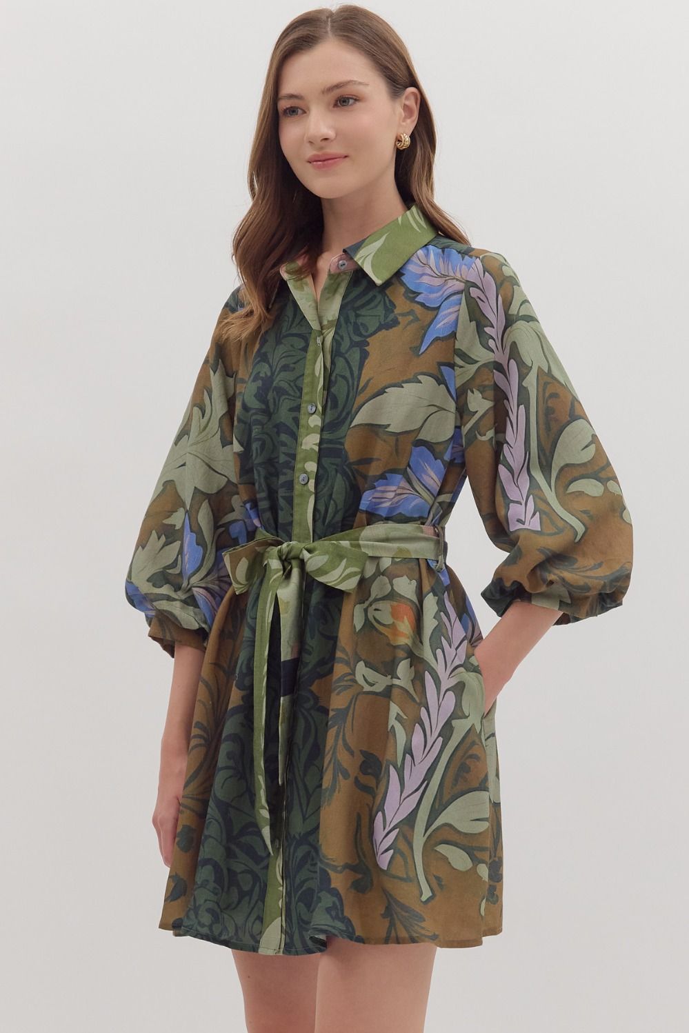 Entro Multi Botanical Print Long Sleeve Mini Dress-Dresses-entro-Deja Nu Boutique, Women's Fashion Boutique in Lampasas, Texas