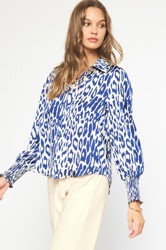 Entro Navy And White Animal Print Collared Button Up Top With Puff Sleeves-Tops-Entro-Deja Nu Boutique, Women's Fashion Boutique in Lampasas, Texas