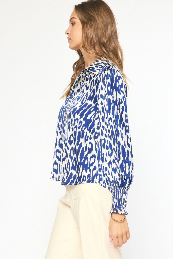 Entro Navy And White Animal Print Collared Button Up Top With Puff Sleeves-Tops-Entro-Deja Nu Boutique, Women's Fashion Boutique in Lampasas, Texas