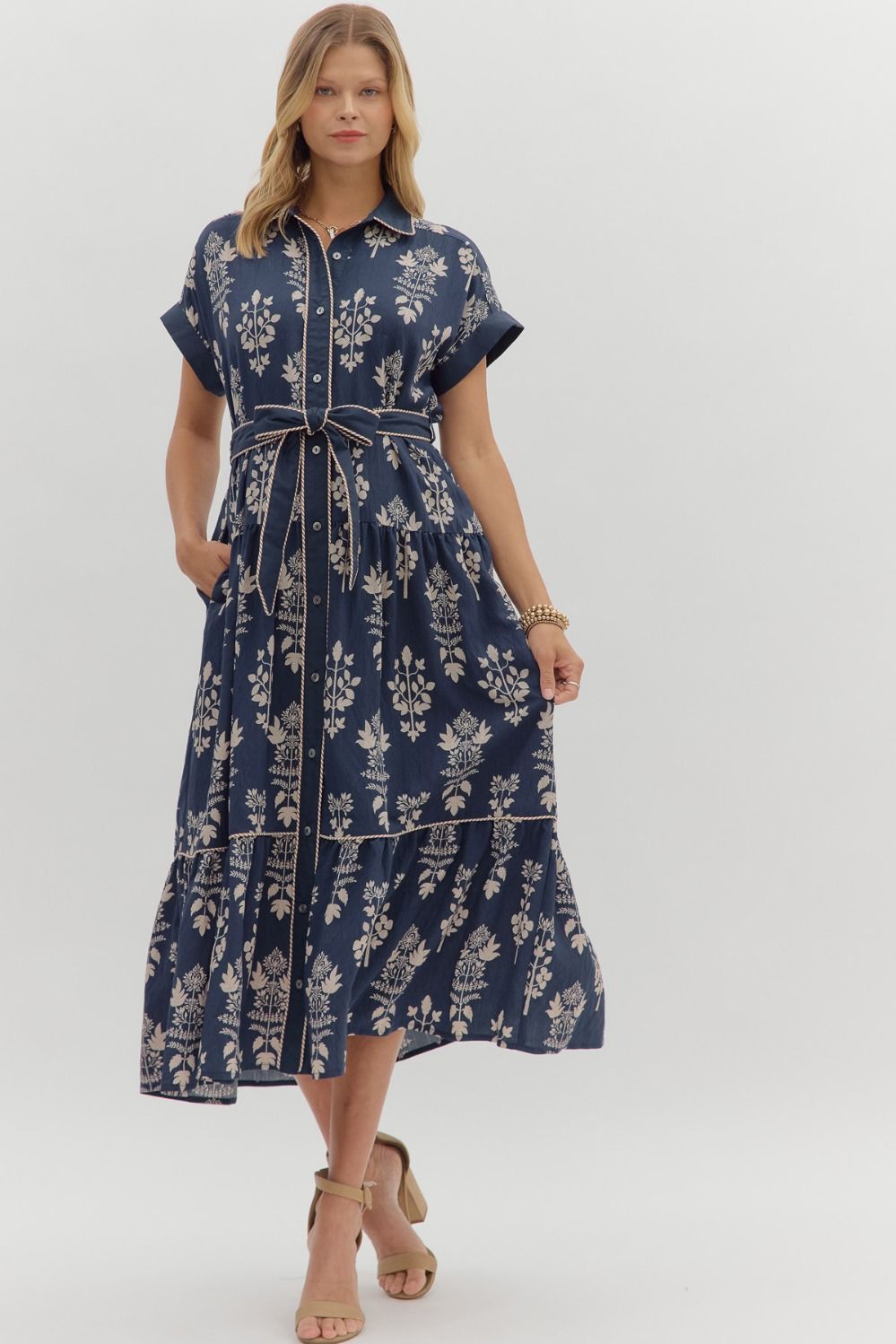 Entro Navy Botanical Tiered Midi Dress with Belted Waist-Midi Dresses-Entro-Deja Nu Boutique, Women's Fashion Boutique in Lampasas, Texas