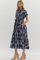 Entro Navy Botanical Tiered Midi Dress with Belted Waist-Midi Dresses-Entro-Deja Nu Boutique, Women's Fashion Boutique in Lampasas, Texas