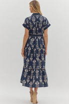 Entro Navy Botanical Tiered Midi Dress with Belted Waist-Midi Dresses-Entro-Deja Nu Boutique, Women's Fashion Boutique in Lampasas, Texas