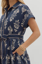 Entro Navy Botanical Tiered Midi Dress with Belted Waist-Midi Dresses-Entro-Deja Nu Boutique, Women's Fashion Boutique in Lampasas, Texas