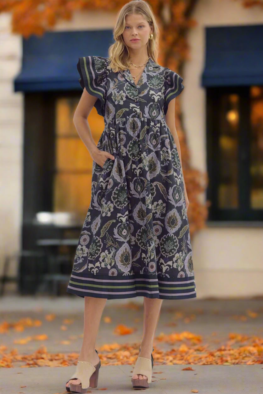 Entro Navy Multi Flutter Sleeve Cotton Midi Dress – Boho Printed Tiered Dress with Pockets-Midi Dresses-Entro-Deja Nu Boutique, Women's Fashion Boutique in Lampasas, Texas