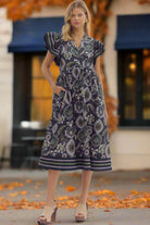 Entro Navy Multi Flutter Sleeve Cotton Midi Dress – Boho Printed Tiered Dress with Pockets-Midi Dresses-Entro-Deja Nu Boutique, Women's Fashion Boutique in Lampasas, Texas