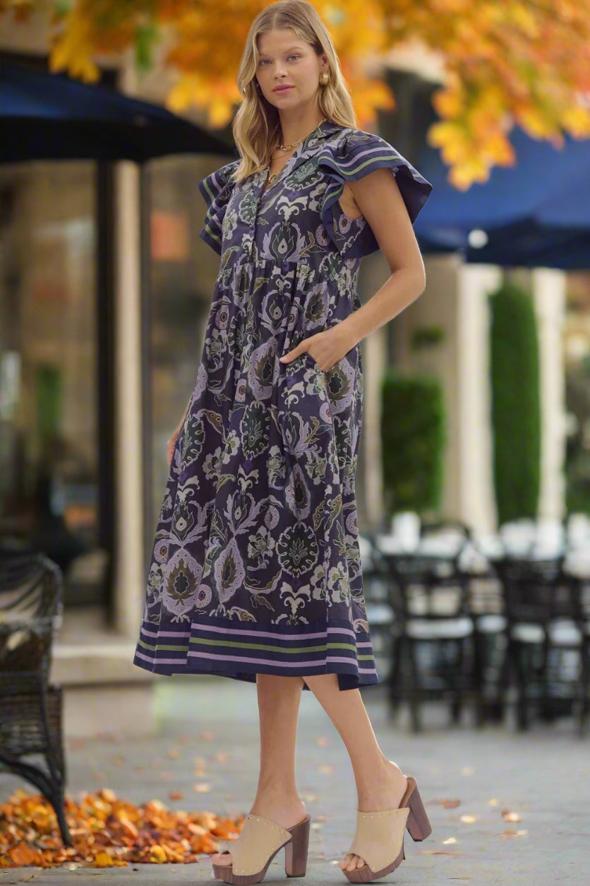 Entro Navy Multi Flutter Sleeve Cotton Midi Dress – Boho Printed Tiered Dress with Pockets-Midi Dresses-Entro-Deja Nu Boutique, Women's Fashion Boutique in Lampasas, Texas