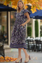 Entro Navy Multi Flutter Sleeve Cotton Midi Dress – Boho Printed Tiered Dress with Pockets-Midi Dresses-Entro-Deja Nu Boutique, Women's Fashion Boutique in Lampasas, Texas