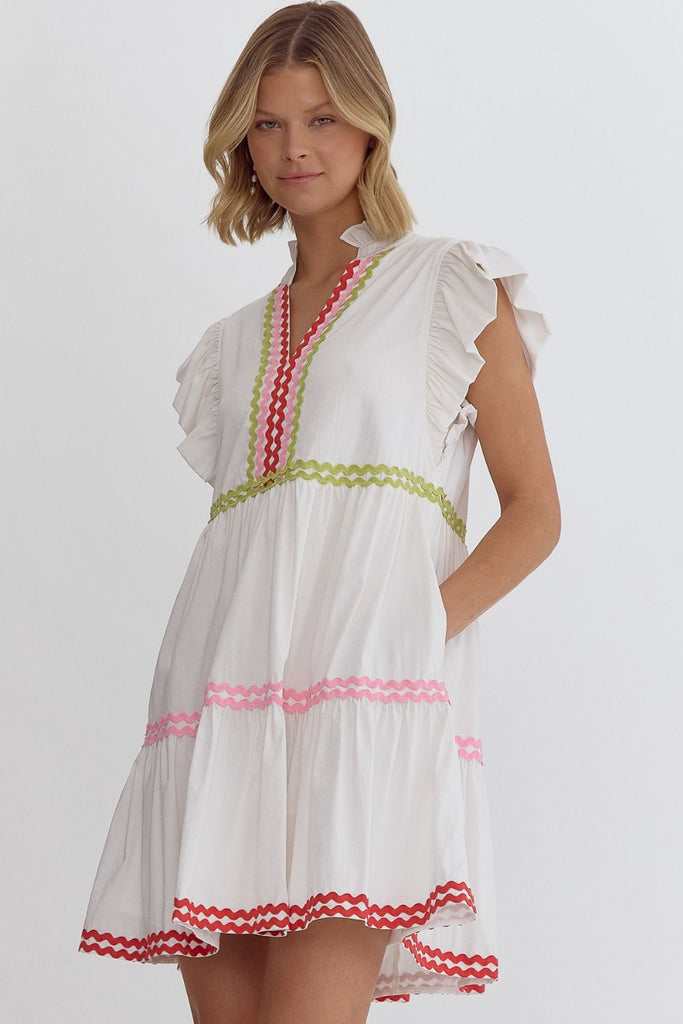 Entro Off White Ruffle Sleeve Mini Dress With Ric-Rac Details-Short Dresses-Entro-Deja Nu Boutique, Women's Fashion Boutique in Lampasas, Texas