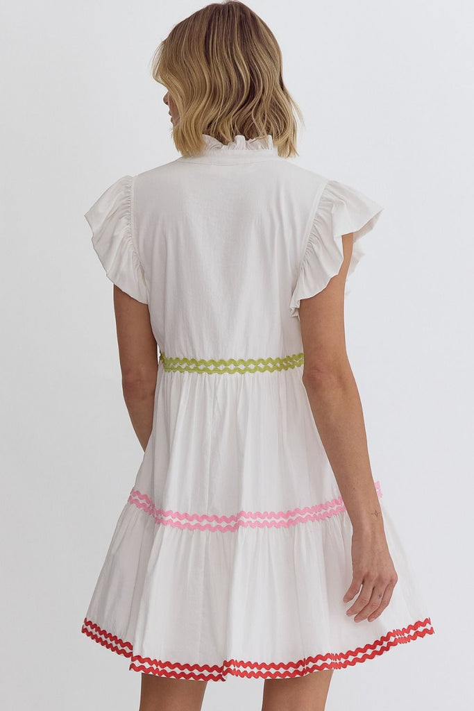 Entro Off White Ruffle Sleeve Mini Dress With Ric-Rac Details-Short Dresses-Entro-Deja Nu Boutique, Women's Fashion Boutique in Lampasas, Texas
