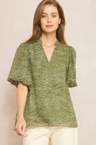 Entro Olive Animal Print Bubble Sleeve V-Neck Top Featuring Swiss Dot Detail-Tops-Entro-Deja Nu Boutique, Women's Fashion Boutique in Lampasas, Texas