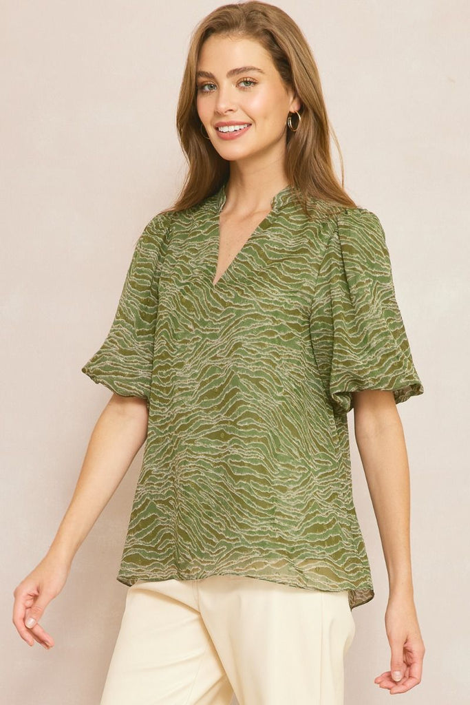 Entro Olive Animal Print Bubble Sleeve V-Neck Top Featuring Swiss Dot Detail-Tops-Entro-Deja Nu Boutique, Women's Fashion Boutique in Lampasas, Texas
