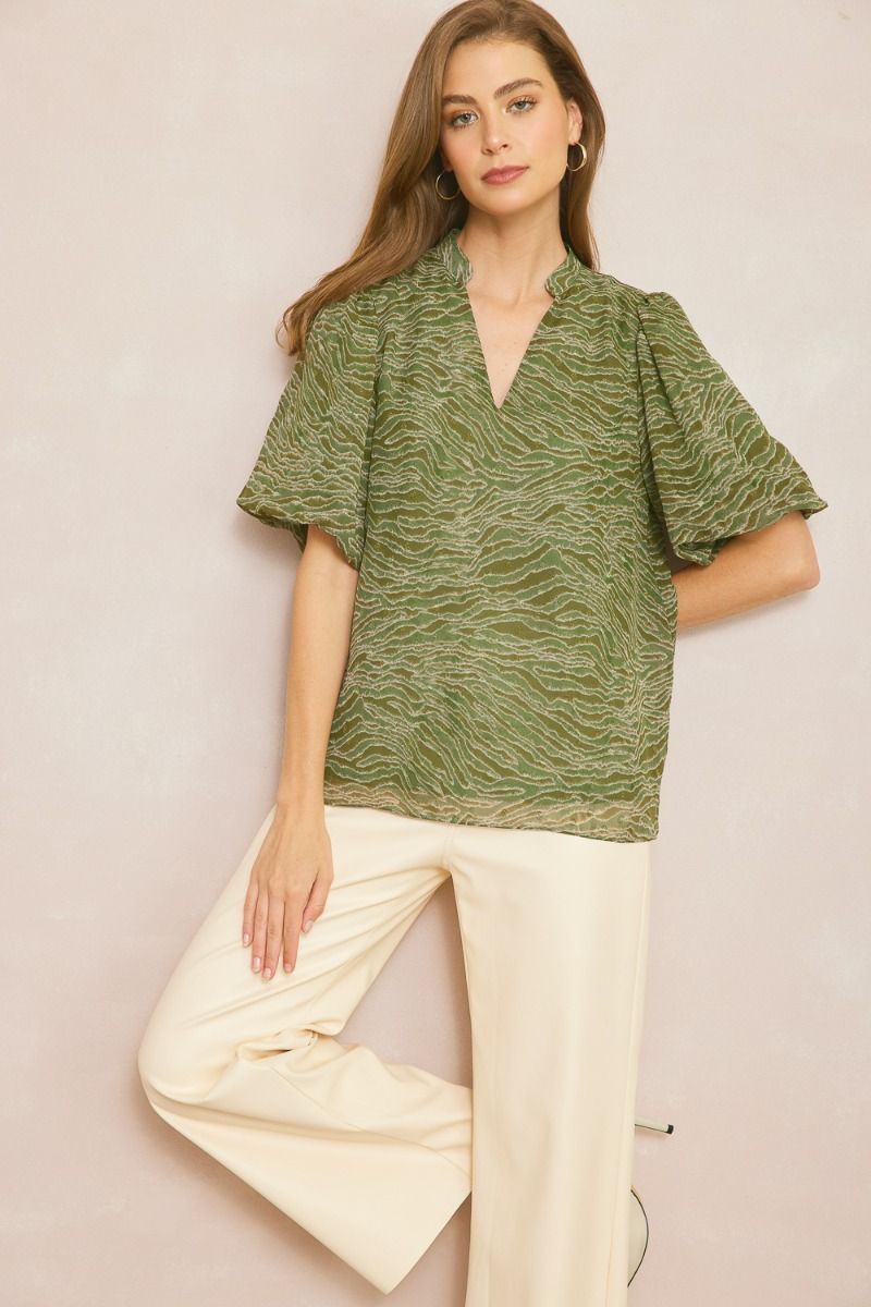 Entro Olive Animal Print Bubble Sleeve V-Neck Top Featuring Swiss Dot Detail-Tops-Entro-Deja Nu Boutique, Women's Fashion Boutique in Lampasas, Texas