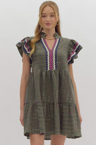 Entro Olive Textured Min Dress With Multi Color Ric Rac Trim-Dresses-Entro-Deja Nu Boutique, Women's Fashion Boutique in Lampasas, Texas