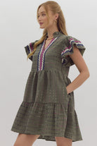 Entro Olive Textured Min Dress With Multi Color Ric Rac Trim-Dresses-Entro-Deja Nu Boutique, Women's Fashion Boutique in Lampasas, Texas