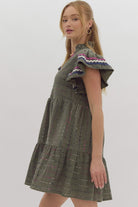 Entro Olive Textured Min Dress With Multi Color Ric Rac Trim-Dresses-Entro-Deja Nu Boutique, Women's Fashion Boutique in Lampasas, Texas