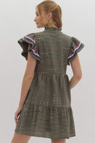 Entro Olive Textured Min Dress With Multi Color Ric Rac Trim-Dresses-Entro-Deja Nu Boutique, Women's Fashion Boutique in Lampasas, Texas