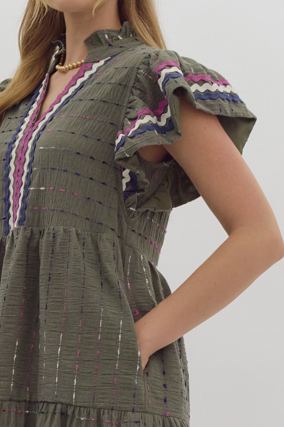 Entro Olive Textured Min Dress With Multi Color Ric Rac Trim-Dresses-Entro-Deja Nu Boutique, Women's Fashion Boutique in Lampasas, Texas