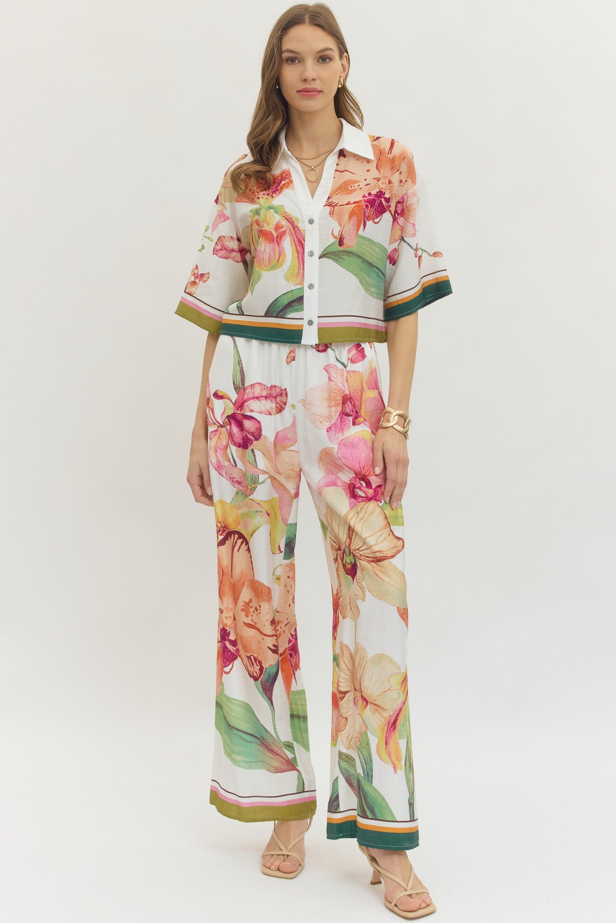 Entro Orchid Garden Floral Pull-On Wide Leg Pants-Bottoms-Entro-Deja Nu Boutique, Women's Fashion Boutique in Lampasas, Texas