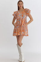 Entro Peaches And Cream Floral Mini Dress With Ruffle Sleeves And Pockets-Short Dresses-Entro-Deja Nu Boutique, Women's Fashion Boutique in Lampasas, Texas