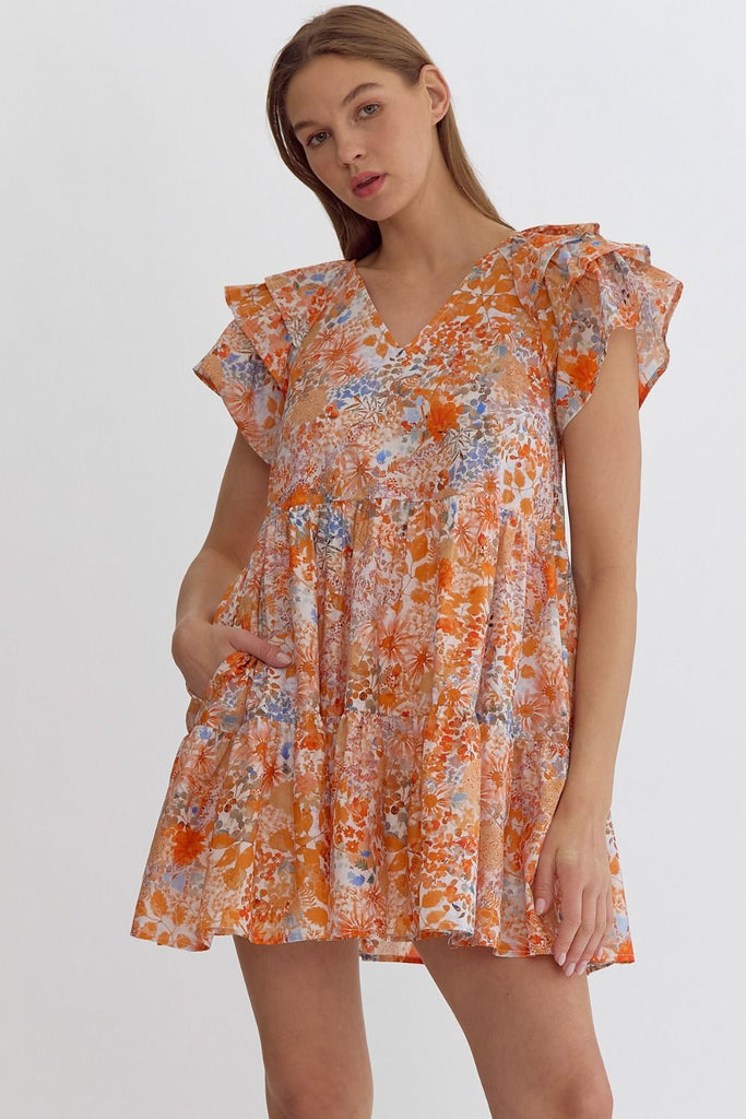 Entro Peaches And Cream Floral Mini Dress With Ruffle Sleeves And Pockets-Short Dresses-Entro-Deja Nu Boutique, Women's Fashion Boutique in Lampasas, Texas