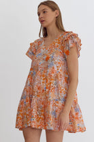 Entro Peaches And Cream Floral Mini Dress With Ruffle Sleeves And Pockets-Short Dresses-Entro-Deja Nu Boutique, Women's Fashion Boutique in Lampasas, Texas