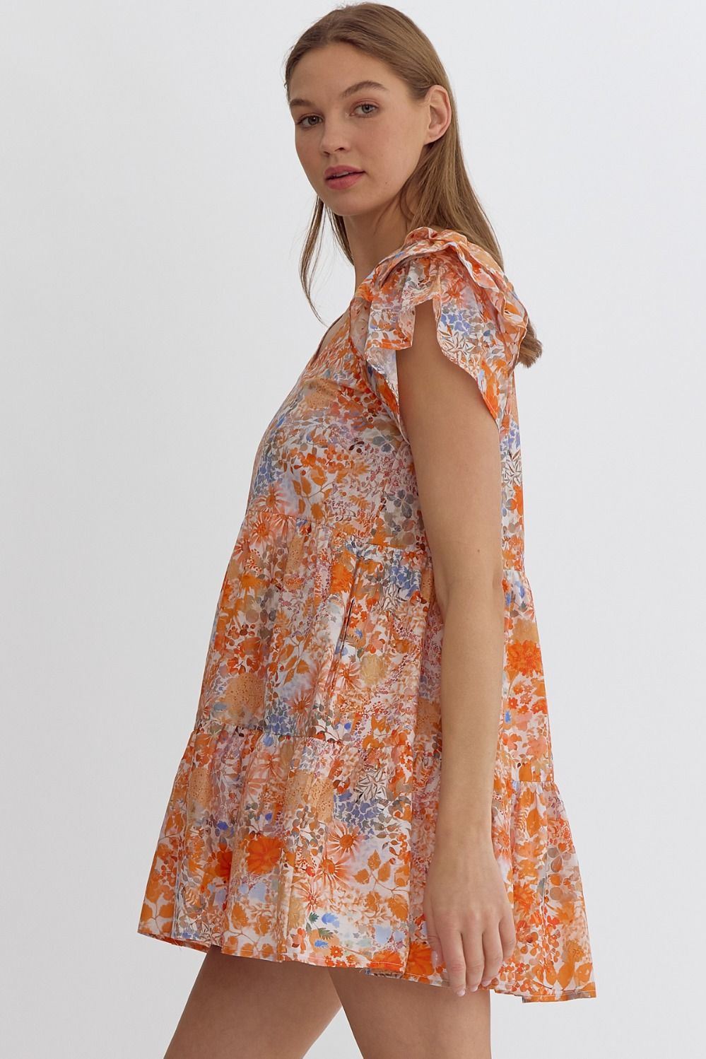 Entro Peaches And Cream Floral Mini Dress With Ruffle Sleeves And Pockets-Short Dresses-Entro-Deja Nu Boutique, Women's Fashion Boutique in Lampasas, Texas