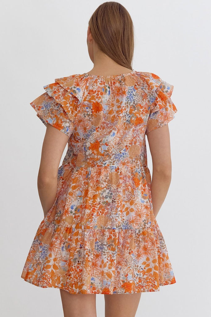 Entro Peaches And Cream Floral Mini Dress With Ruffle Sleeves And Pockets-Short Dresses-Entro-Deja Nu Boutique, Women's Fashion Boutique in Lampasas, Texas