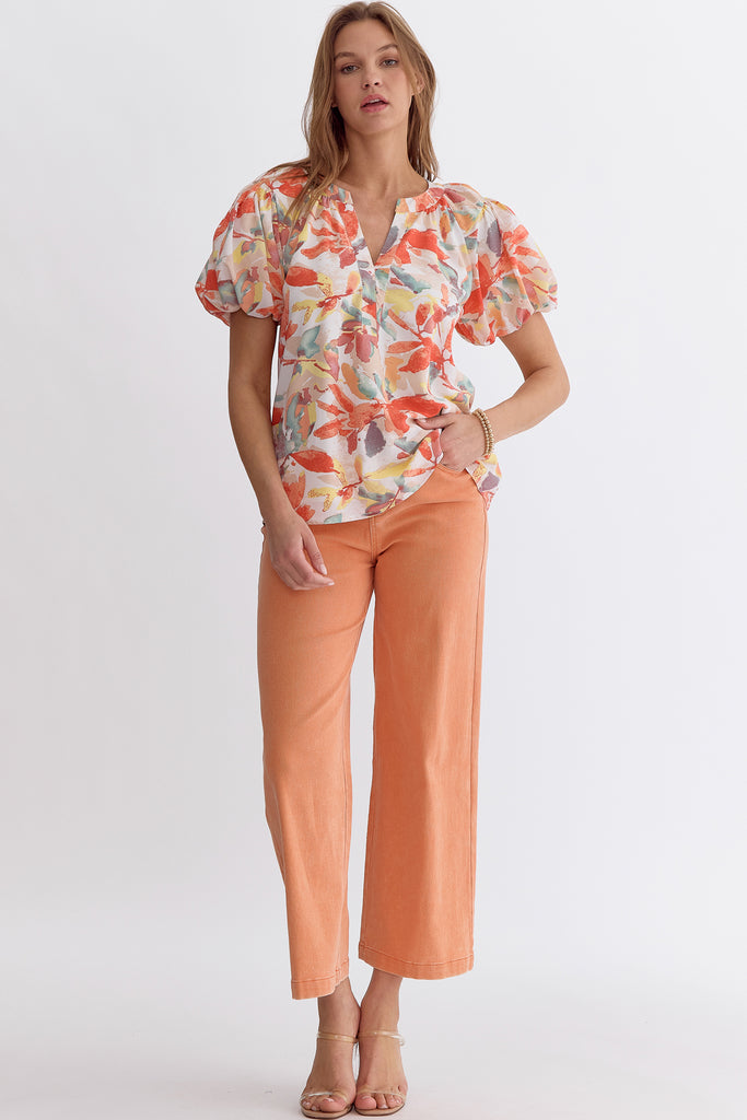 Entro Peaches And Cream Floral Print Bubble Sleeve Blouse-Tops-Entro-Deja Nu Boutique, Women's Fashion Boutique in Lampasas, Texas