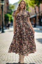 Entro Plus Size Chocolate Floral Puff Sleeve Midi Dress-Curvy/Plus Dresses-entro-Deja Nu Boutique, Women's Fashion Boutique in Lampasas, Texas