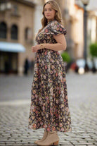 Entro Plus Size Chocolate Floral Puff Sleeve Midi Dress-Curvy/Plus Dresses-entro-Deja Nu Boutique, Women's Fashion Boutique in Lampasas, Texas