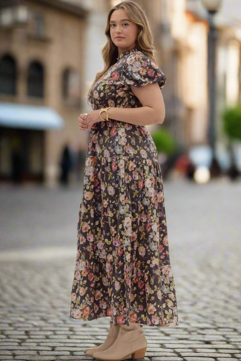 Entro Plus Size Chocolate Floral Puff Sleeve Midi Dress-Curvy/Plus Dresses-entro-Deja Nu Boutique, Women's Fashion Boutique in Lampasas, Texas