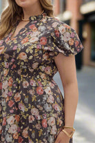 Entro Plus Size Chocolate Floral Puff Sleeve Midi Dress-Curvy/Plus Dresses-entro-Deja Nu Boutique, Women's Fashion Boutique in Lampasas, Texas