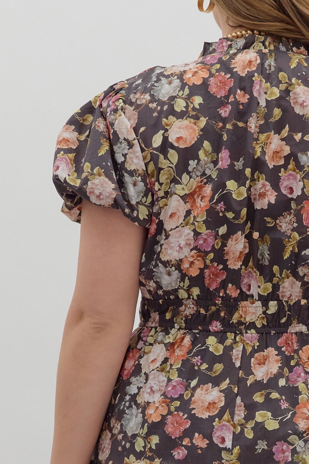 Entro Plus Size Chocolate Floral Puff Sleeve Midi Dress-Curvy/Plus Dresses-entro-Deja Nu Boutique, Women's Fashion Boutique in Lampasas, Texas