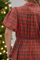 Entro Plus Size Plaid Puff Sleeve Midi Dress with Waist Tie in Holiday Red-Curvy/Plus Dresses-entro-Deja Nu Boutique, Women's Fashion Boutique in Lampasas, Texas
