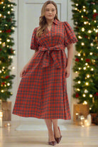 Entro Plus Size Plaid Puff Sleeve Midi Dress with Waist Tie in Holiday Red-Curvy/Plus Dresses-entro-Deja Nu Boutique, Women's Fashion Boutique in Lampasas, Texas