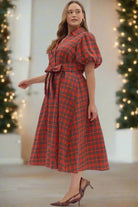 Entro Plus Size Plaid Puff Sleeve Midi Dress with Waist Tie in Holiday Red-Curvy/Plus Dresses-entro-Deja Nu Boutique, Women's Fashion Boutique in Lampasas, Texas