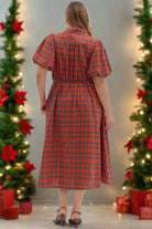 Entro Plus Size Plaid Puff Sleeve Midi Dress with Waist Tie in Holiday Red-Curvy/Plus Dresses-entro-Deja Nu Boutique, Women's Fashion Boutique in Lampasas, Texas