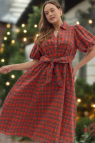 Entro Plus Size Plaid Puff Sleeve Midi Dress with Waist Tie in Holiday Red-Curvy/Plus Dresses-entro-Deja Nu Boutique, Women's Fashion Boutique in Lampasas, Texas