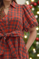 Entro Plus Size Plaid Puff Sleeve Midi Dress with Waist Tie in Holiday Red-Curvy/Plus Dresses-entro-Deja Nu Boutique, Women's Fashion Boutique in Lampasas, Texas