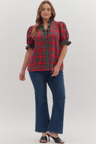 Entro Plus Size Plaid Puff Sleeve Top with Ruffle Trim-Curvy/Plus Blouses-Entro-Deja Nu Boutique, Women's Fashion Boutique in Lampasas, Texas