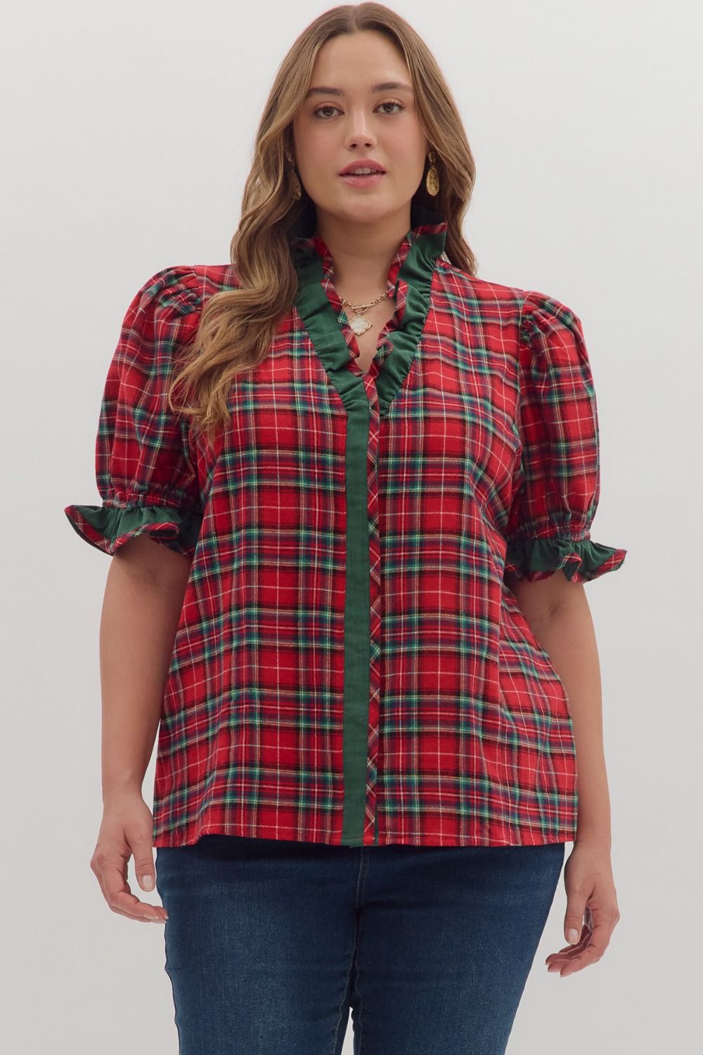 Entro Plus Size Plaid Puff Sleeve Top with Ruffle Trim-Curvy/Plus Blouses-Entro-Deja Nu Boutique, Women's Fashion Boutique in Lampasas, Texas