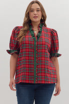 Entro Plus Size Plaid Puff Sleeve Top with Ruffle Trim-Curvy/Plus Blouses-Entro-Deja Nu Boutique, Women's Fashion Boutique in Lampasas, Texas