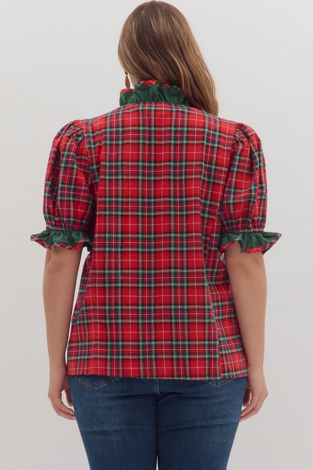 Entro Plus Size Plaid Puff Sleeve Top with Ruffle Trim-Curvy/Plus Blouses-Entro-Deja Nu Boutique, Women's Fashion Boutique in Lampasas, Texas