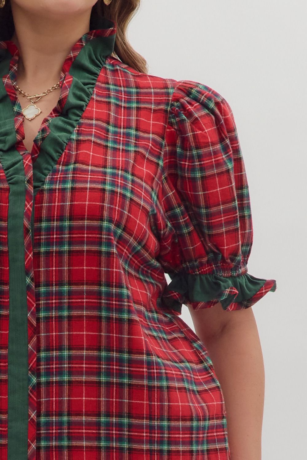 Entro Plus Size Plaid Puff Sleeve Top with Ruffle Trim-Curvy/Plus Blouses-Entro-Deja Nu Boutique, Women's Fashion Boutique in Lampasas, Texas