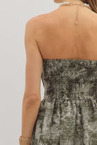 Entro Printed Strapless Midi Dress in Olive-Dresses-entro-Deja Nu Boutique, Women's Fashion Boutique in Lampasas, Texas